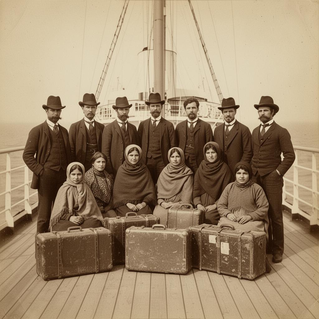 Fotografia sépia da família Bavaresco no convés do navio, 1884